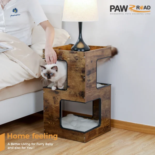 Wood Cat Condo House Bed with Removable Soft Mats  Cat Scratcher Furniture Kitten Toys