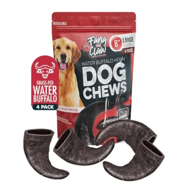 Water Buffalo Horn Dog Chew 4 Pack - Large 8" - All Natural Free Range Grass Fed Single Source Protein - No Chemicals Additives